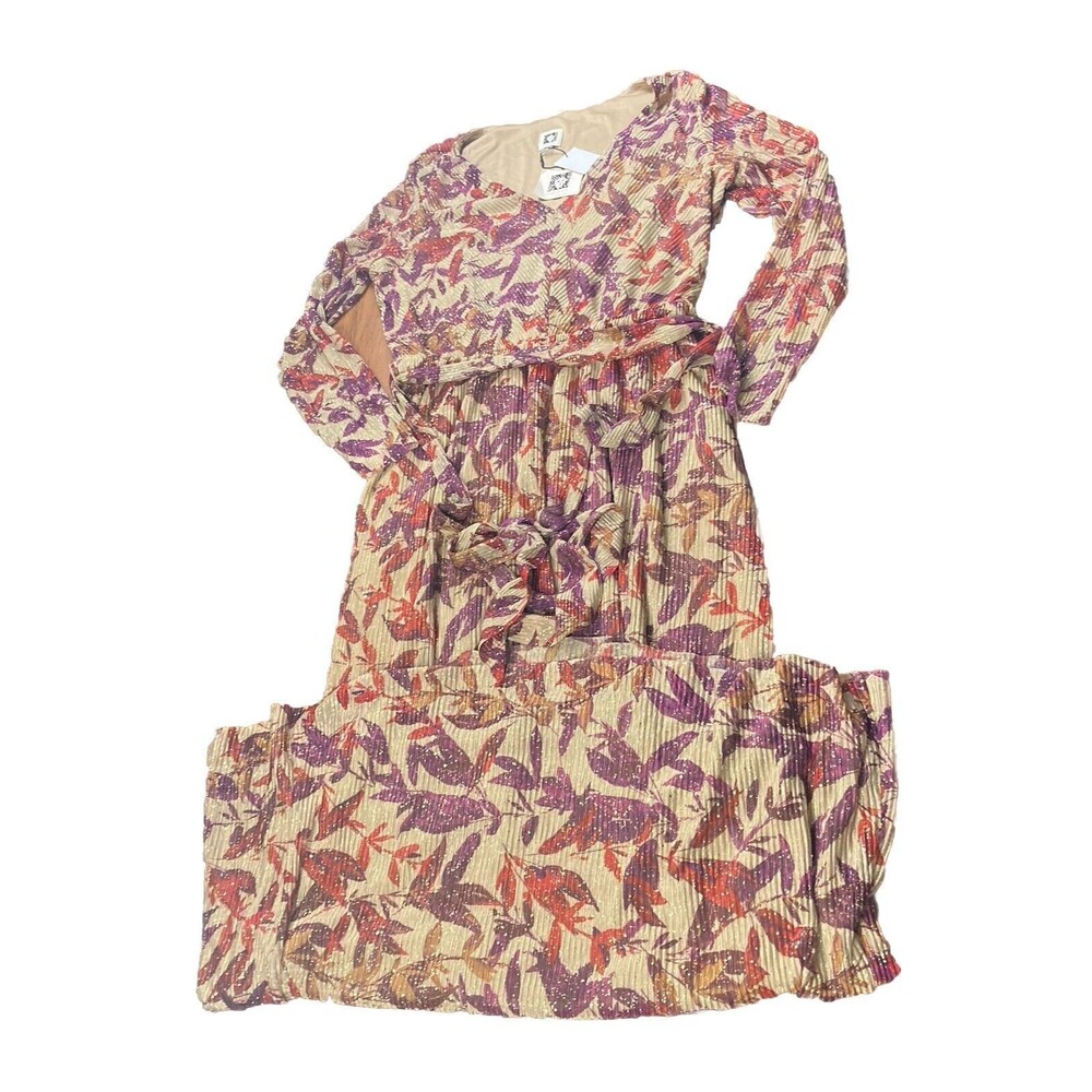 Anne Klein Printed Pleated Maxi Dress In Vicuna Multi Belted Stretch Sz 12 NWT - Picture 4 of 10